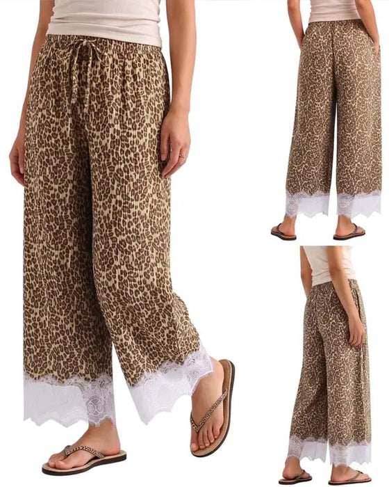 Broek Elastische Taille Luipaardprint Kant Spliced Wijde Pijp