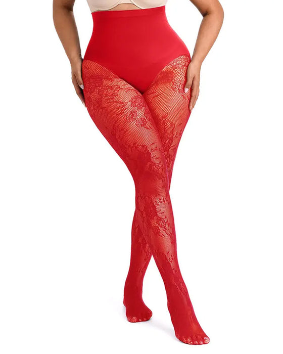 Dames vormende panty met hoge taille en bloemenkant