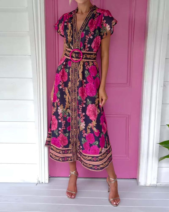 Jurk V-Hals Roos Print