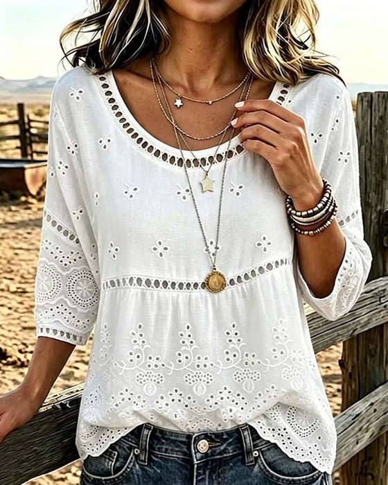Blouse Rondhals Hollow Out Effen