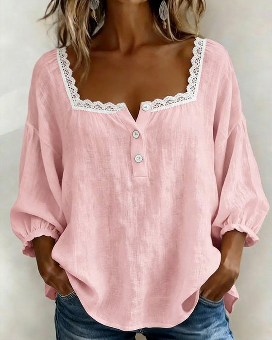 Blouse Met Vierkante Hals Kant Pofmouwen