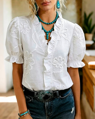 Blouse V-Hals Ruche Rand Pofmouw