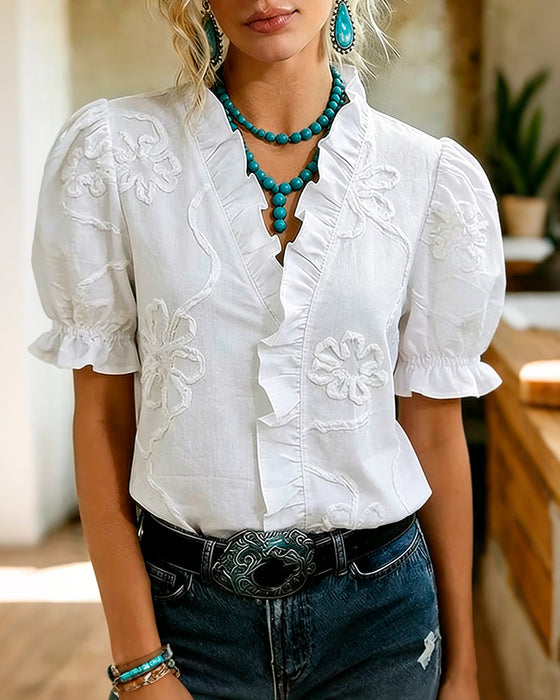 Blouse V-Hals Ruche Rand Pofmouw
