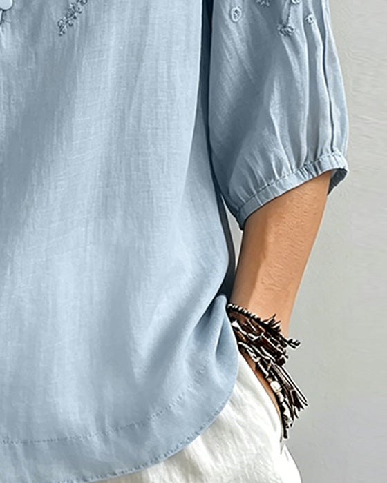 Blouse Borduurwerk 3/4-Mouw Effen Kleur