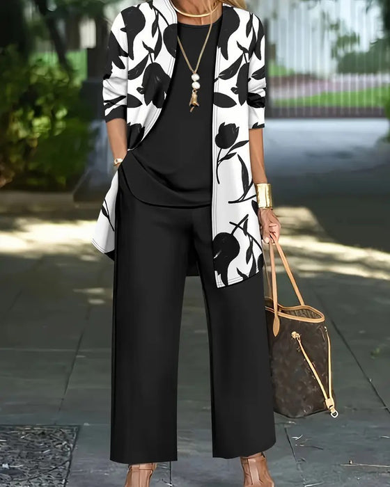 Layered Top Wide-Leg Pants Three-Piece Set