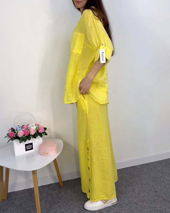 Kanten blouse met wijde pijpen, broek met zak, effen kleur en knopen