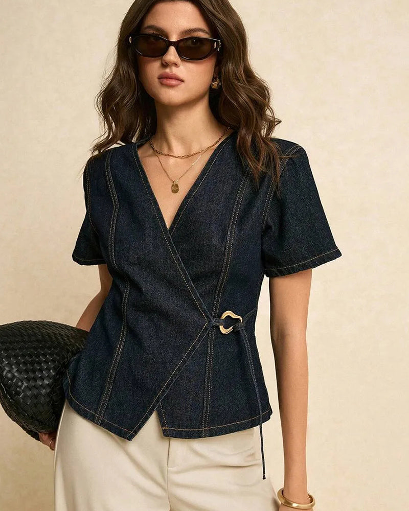 Blouse Onregelmatig Lace-Up Denim