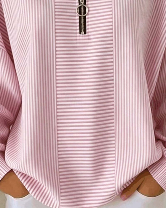 Blouse Halve-Rits Lange-Mouw Gestreept