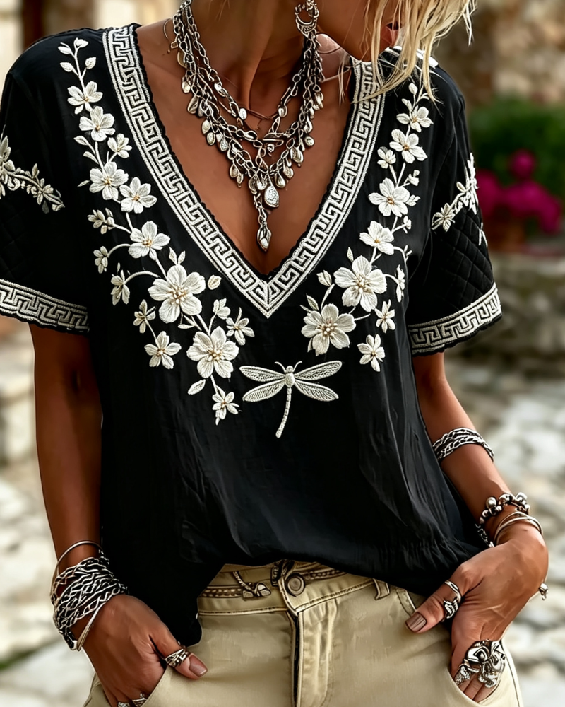 Blouse V-hals Korte Mouw Geprint