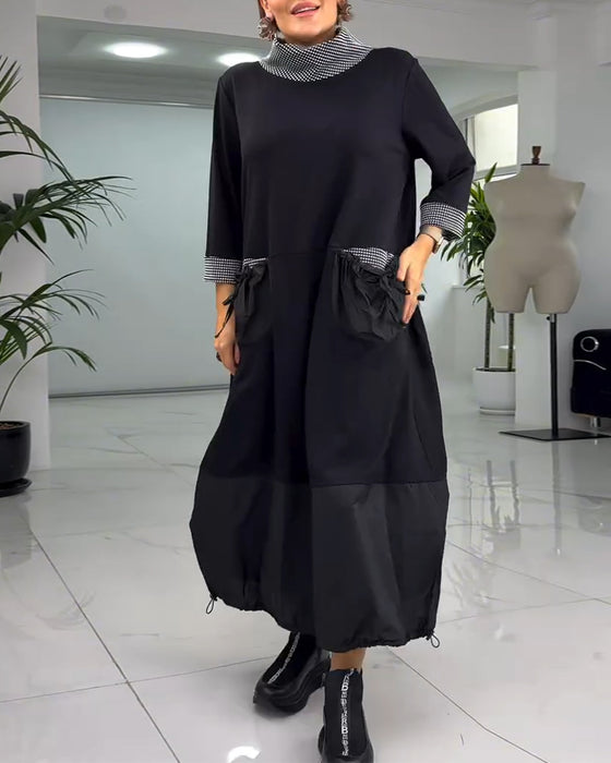 Casual geruite patchwork jurk met hoge kraag en zak