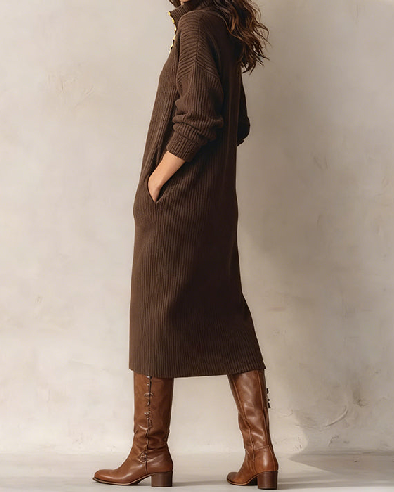 Jurk Met Hoge Kraag Ontwerp, Knop Detail En Gescleten Onderkant