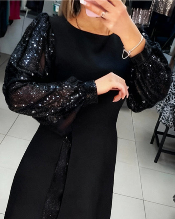 Elegante Jurk Met Pofmouwen En Patchworkdetails