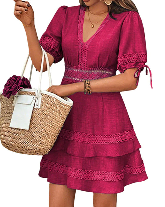 Jurk V-Hals Gelaagd Effen Kant Patchwork
