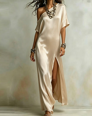 Jurk Satin Enkel Schouder Split Maxi
