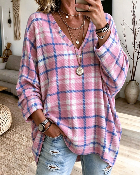 Top V-hals Geruit Contrastrijk Loose