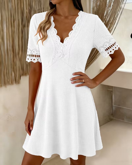 Jurk V-Hals Kant Patchwork Wafel