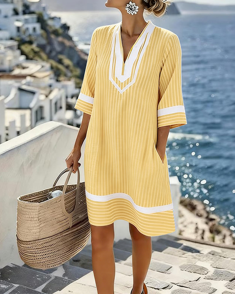 Jurk V-Hals Korte Mouw Gestreept