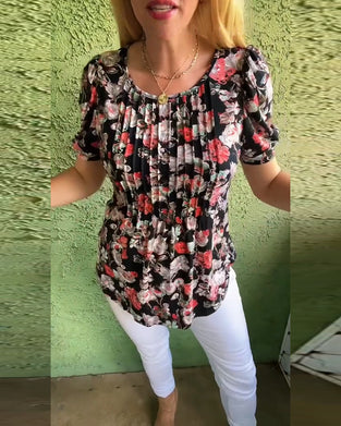 Blouse Ronde hals Poefmouw Geplooid Bloemenprint