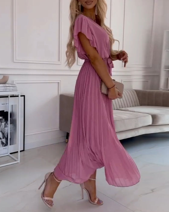 Effen kleur elegante jurk met ruches aan de mouwen en V-hals