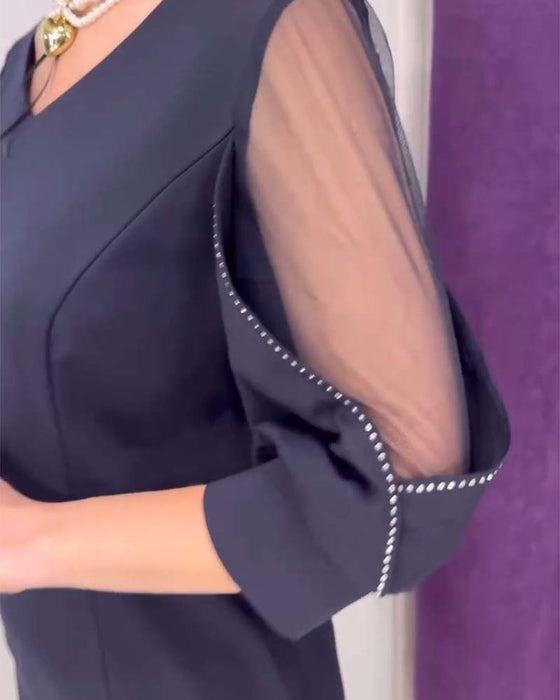 Jurk Halfmouw V-hals Rhinestone Stikken