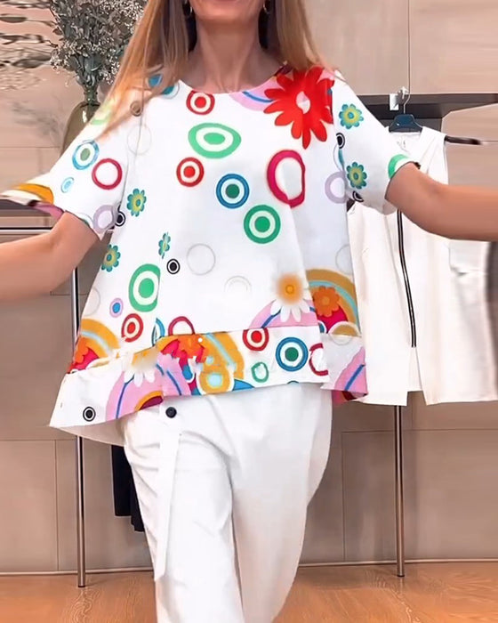 Casual top met ronde hals en korte mouwen met print