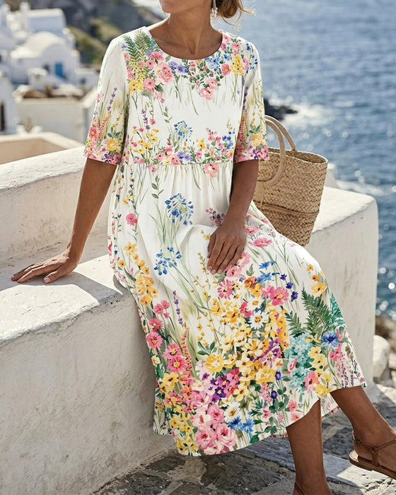 Jurk Rond Hals Aquarel Bloemen