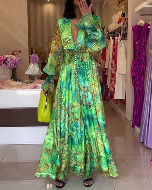 Hoogwaardige jurk met diepe V-taille en print