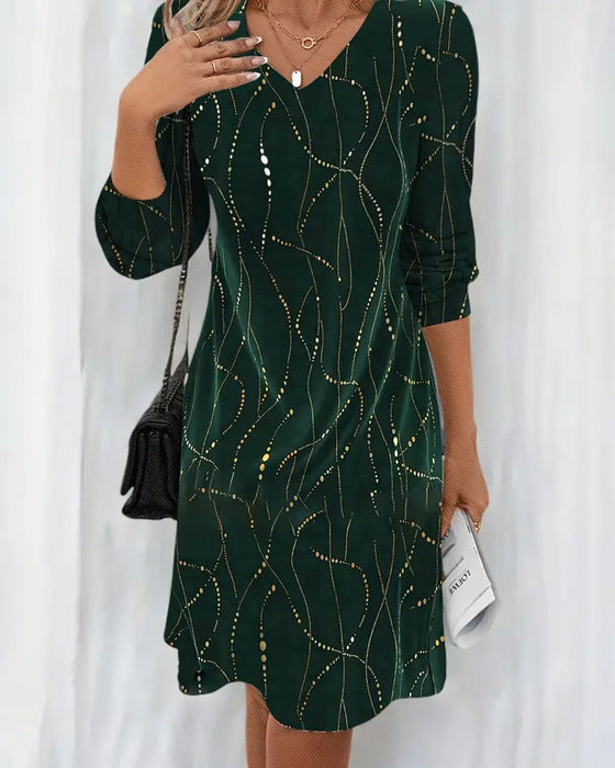 Jurk Met V-Hals En Lijnprint