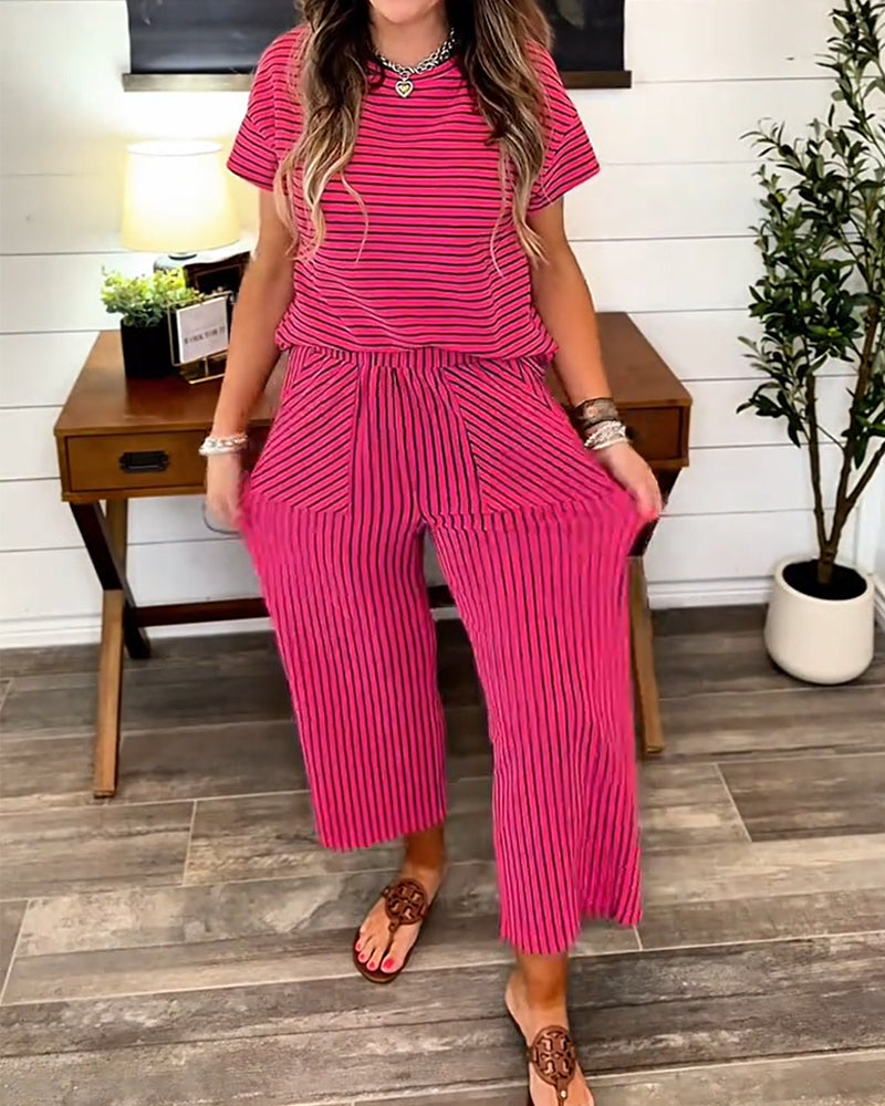 Set Ronde Hals Gestreept Elastische Taille Zak