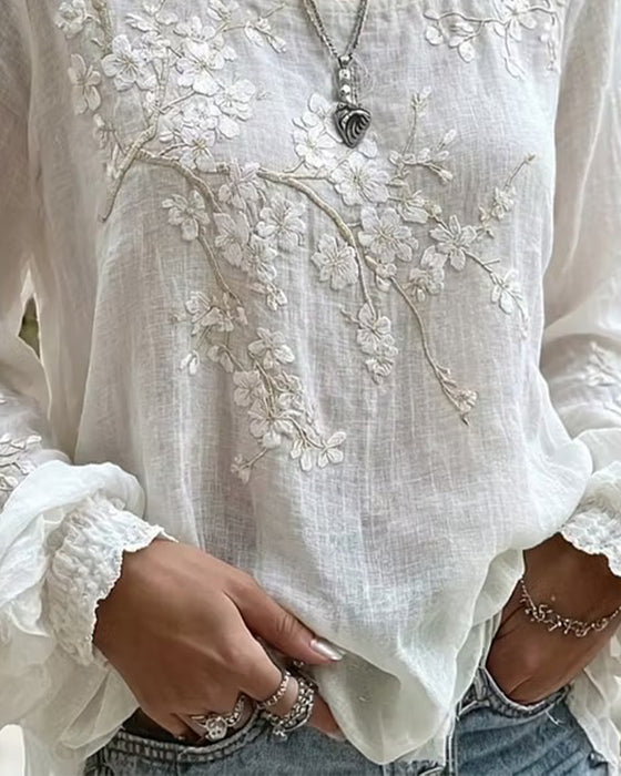 Blouse Gestructureerde Kersenbloesem Geborduurde Ronde Hals