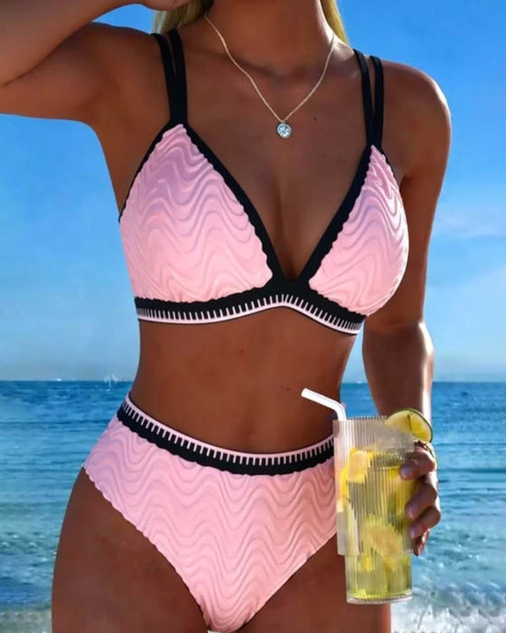 Bikini Kleurblok Dubbele Band Gestructureerd