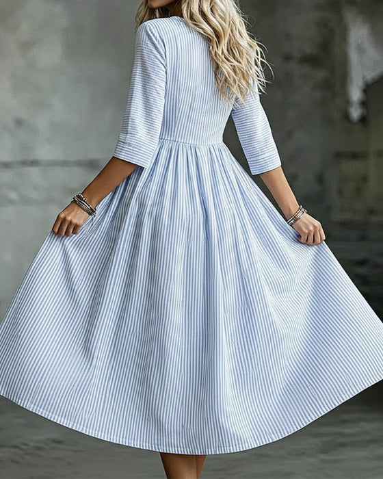 Jurk Gestreept Rondhals Hoge Taille Driekwartmouw