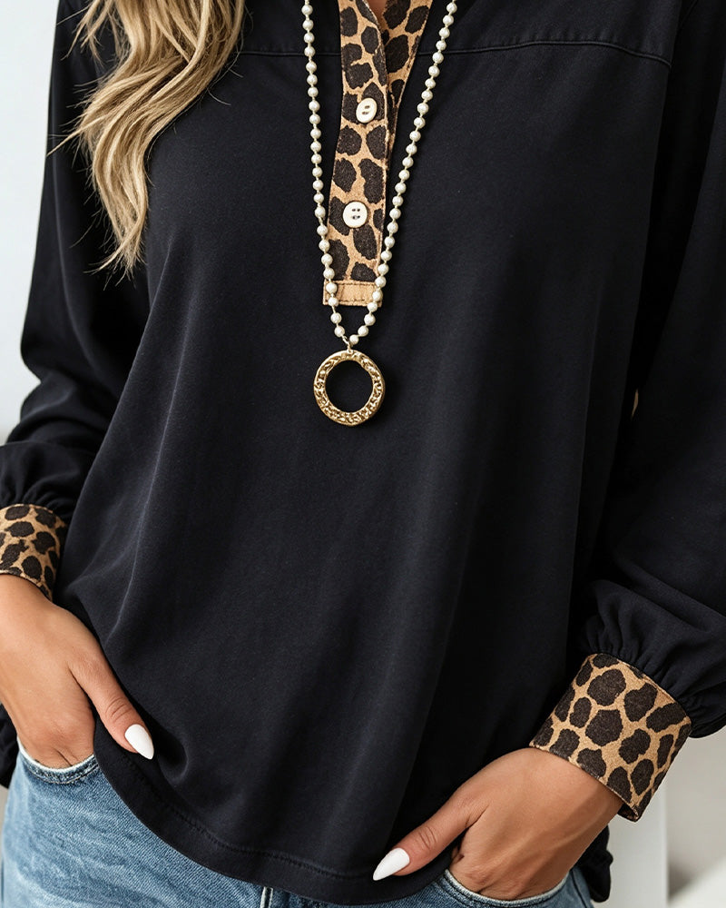 Top Luipaardprint Revers Patchwork Knoop