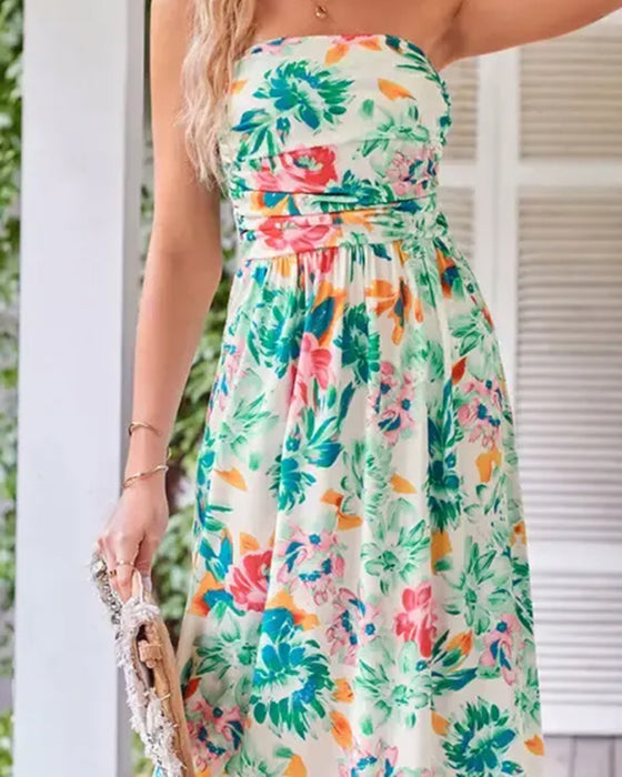 Jurk Bloemen Strapless Taille A-Lijn