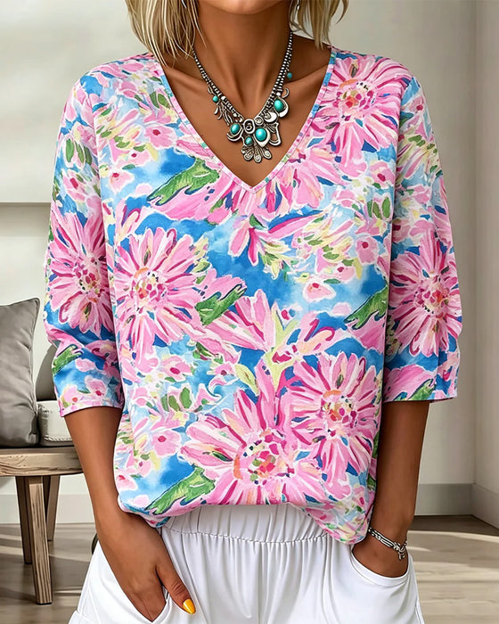 Blouse Bloemig V-Hals Halve Mouw