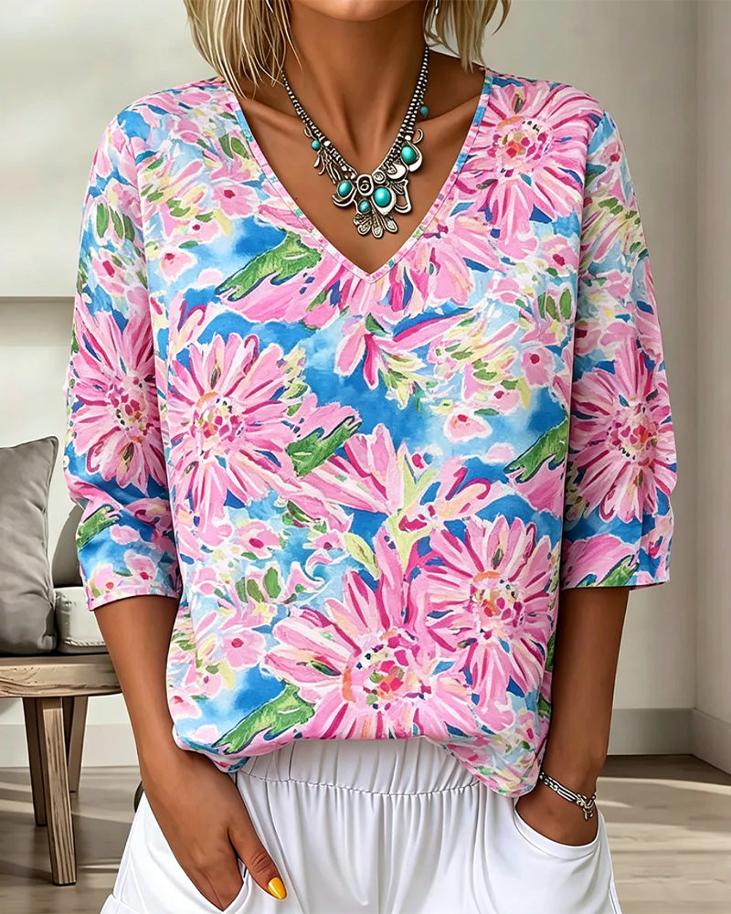 Blouse Bloemig V-Hals Halve Mouw