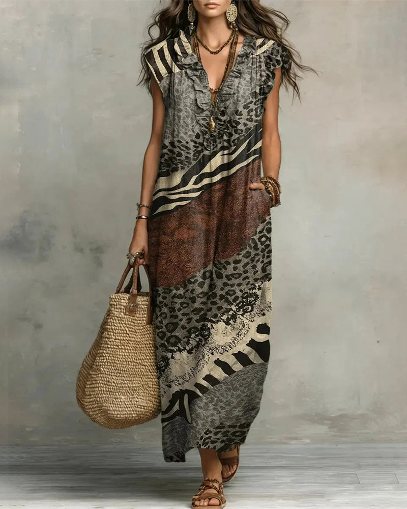 Jurk V-Hals Ruche Patroon Patchwork