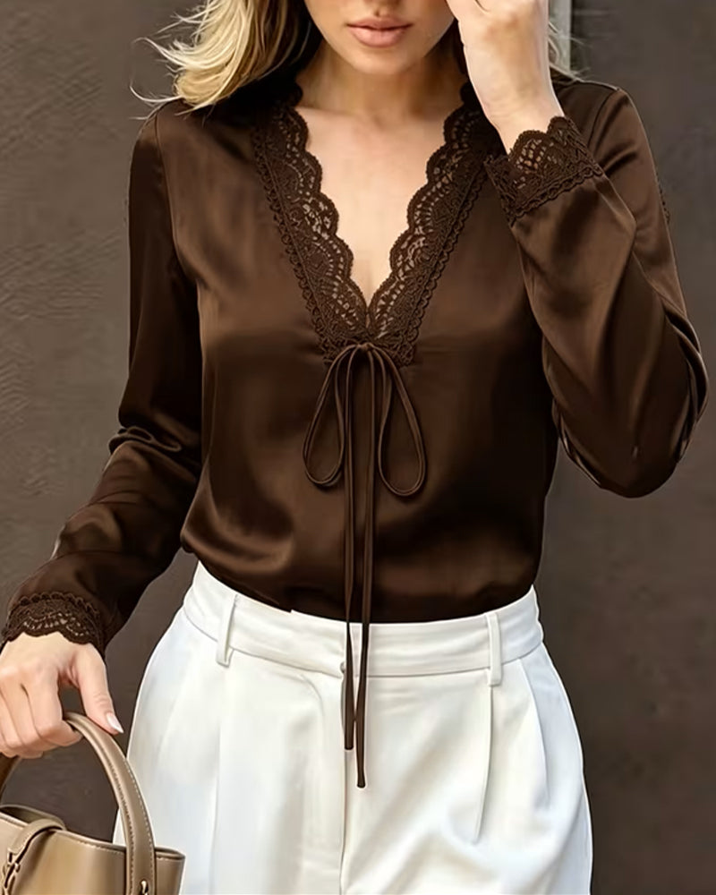 Blouse Lange Mouw V-Hals Kant Patchwork