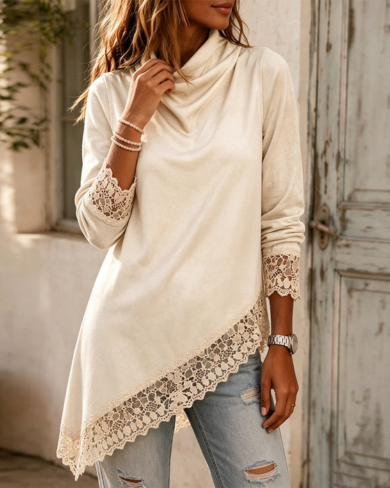 Top Mock Neck Kant Patchwork Onregelmatig