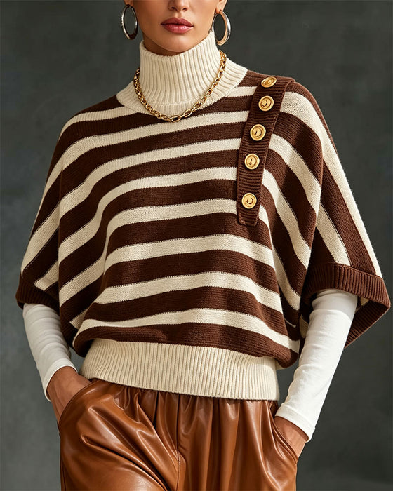 Pullover Turtleneck Knoop Gestreept Halfmouw Trui