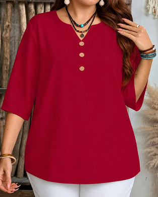 Blouse V-Hals Knoop Effen Driekwart Mouw