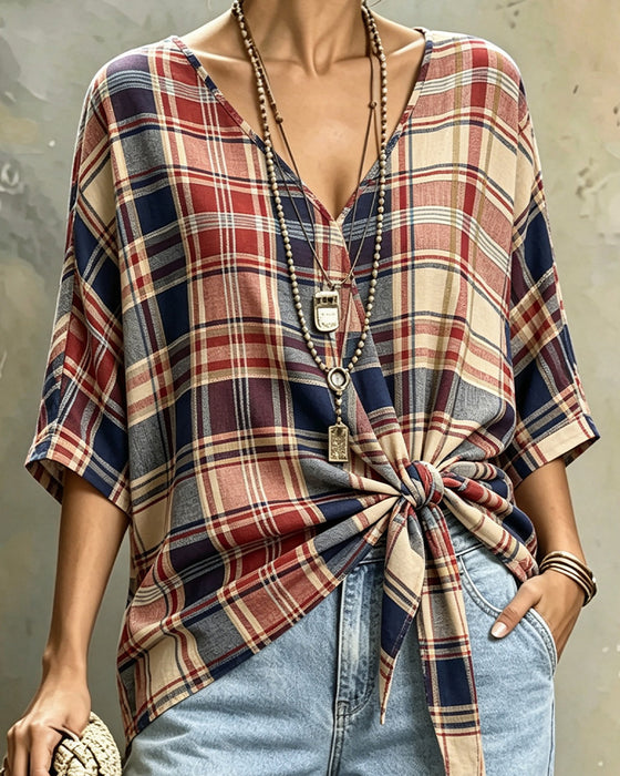Blouse V-Hals Voorknoop Ruit 3/4-Mouw