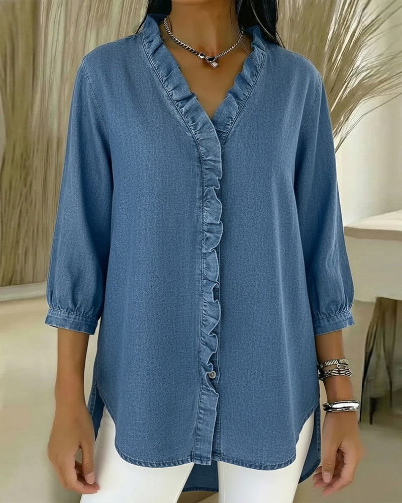 Blouse Ruffle V-Hals Denim