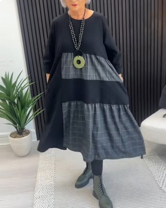 Casual jurk met geruite patchwork en zak