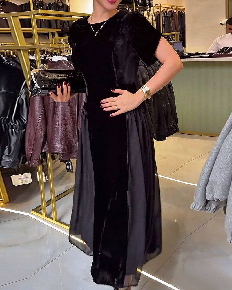 Jurk Ronde Hals Geplooid Slim Fit Grote Rok