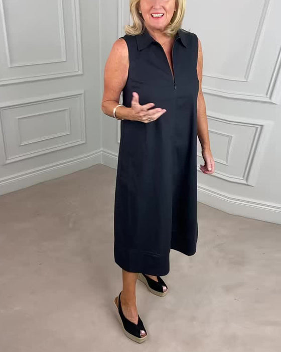 Effen kleur mouwloos revers casual jurk