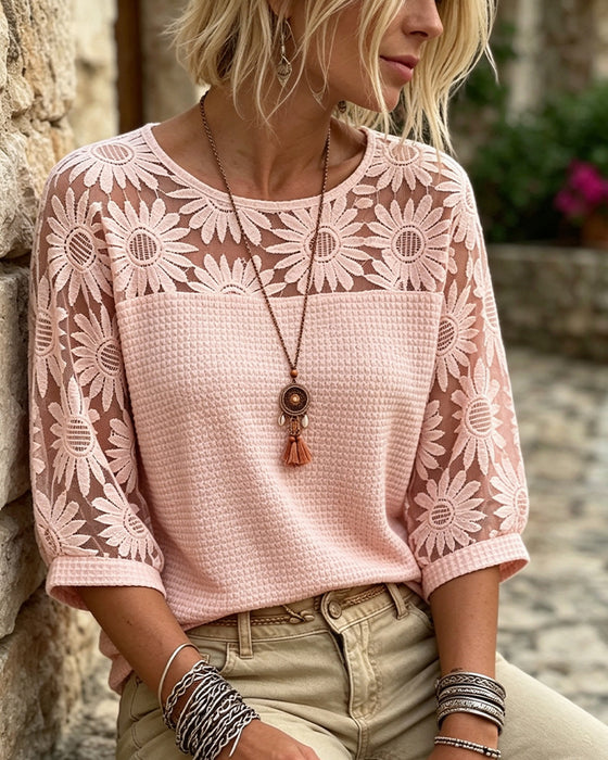 T-Shirt Ronde Hals Kant Wafel Patchwork