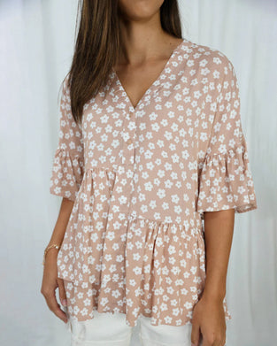 Bloemenblouse met V-hals en klokmouwen