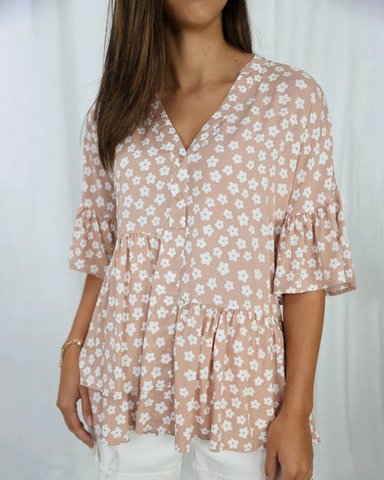 Bloemenblouse met V-hals en klokmouwen