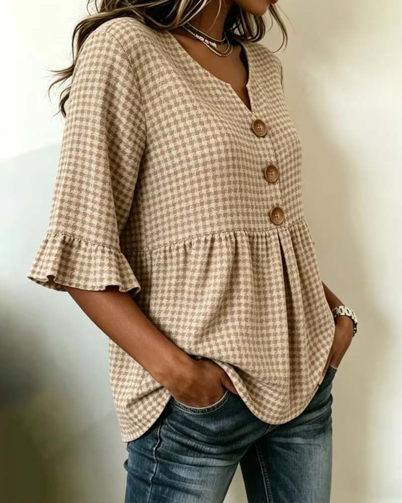 Blouse Ruitjesmotief Drieknoops Casual